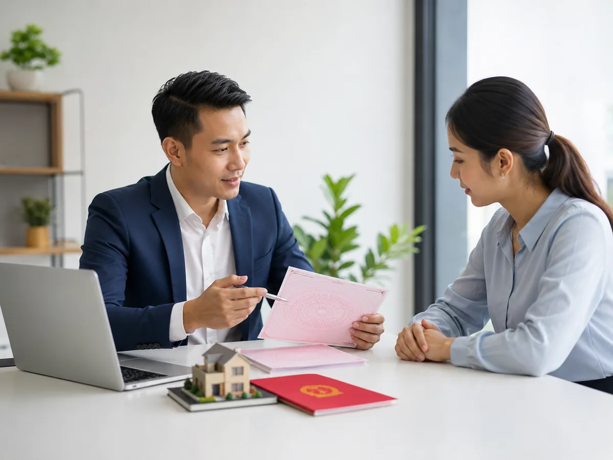 Chuyên viên tư vấn tài chính đang trao đổi hồ sơ vay thế chấp với khách hàng